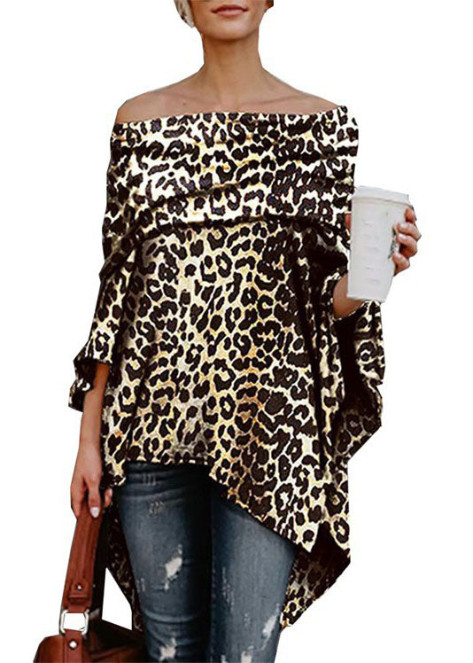 Sexy Slash neck Asymmetrical Design Off The Shoulder Leopard Print Top Summer