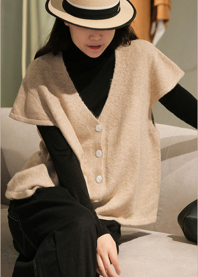 Simple Beige V Neck Button Wool Knitted Waistcoat Short Sleeve