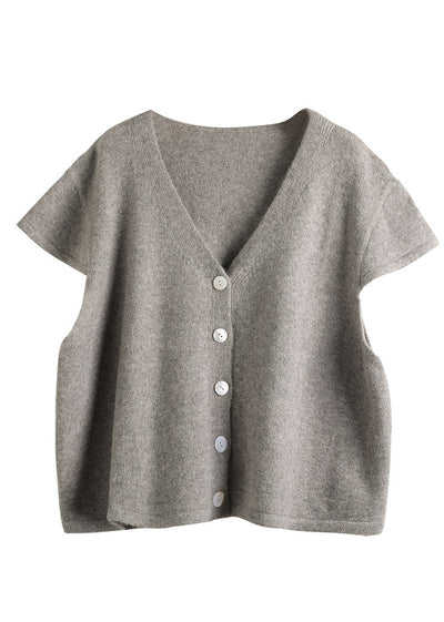 Simple Beige V Neck Button Wool Knitted Waistcoat Short Sleeve