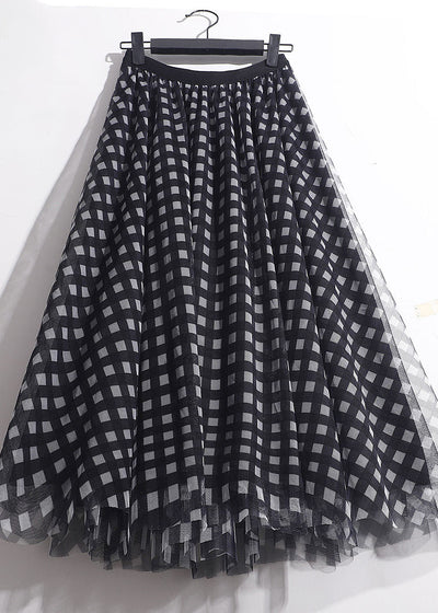 Simple Black Wrinkled Patchwork Plaid Tulle Skirt Spring
