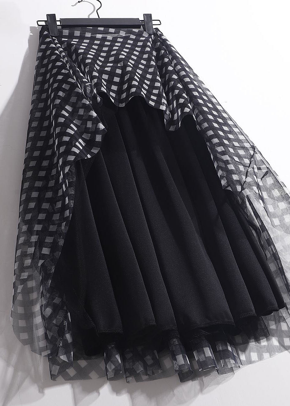 Simple Black Wrinkled Patchwork Plaid Tulle Skirt Spring