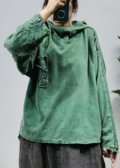 Simple Green Hooded Print Linen Sweatshirts Tracksuits Long Sleeve