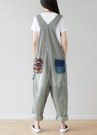 Simple Grey pockets Patchwork Striped Jumpsuits Spring