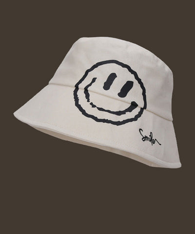 Simple Khaki Graphic Embroidery Patchwork Smiling Face Bucket Hat