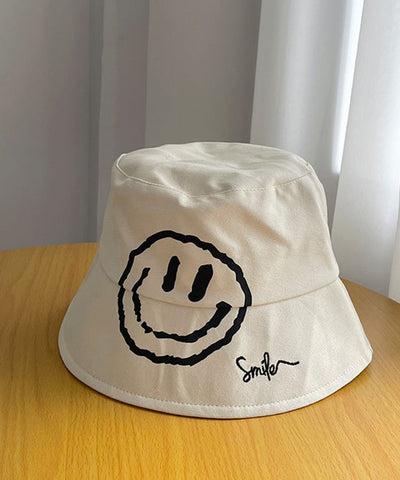 Simple Khaki Graphic Embroidery Patchwork Smiling Face Bucket Hat