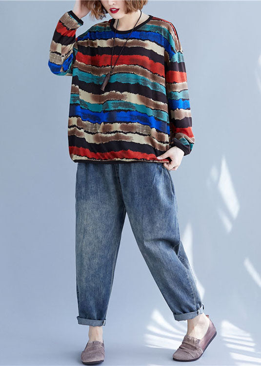 Simple Multicolour Striped O-Neck Oversized Cotton Sweatshirts Tracksuits Spring