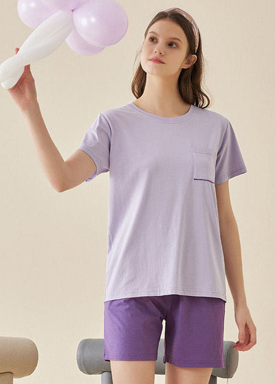 Simple Purple O-Neck Pocket Comfy Modal Cotton Pajamas Two Pieces Set Summer