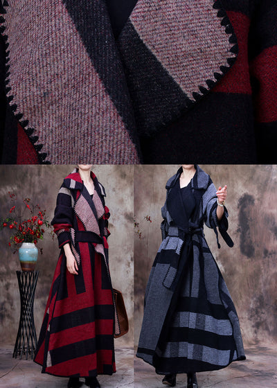 Simple Red PeterPan Collar Plaid tie waist Winter Woolen Long sleeve trench coats