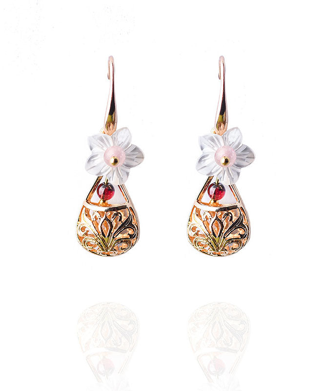 Simple White Shell Flower Red Gem Stone 14K Gold Stud Earrings