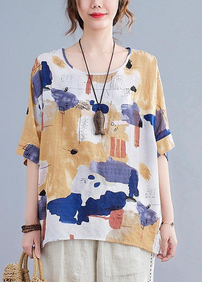 Simple Yellow Print Cotton Linen Shirt Top Summer