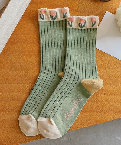 Skinny Green Print Mid Calf Socks