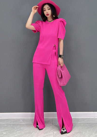 Slim Fit Solid Red O-Neck Side Open Cotton Two Piece Suit Set Short Sleeve