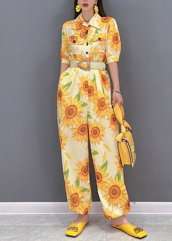 Slim Fit Yellow Peter Pan Collar Button Pockets Floral Print Overalls Jumpsuit Short Sleeve