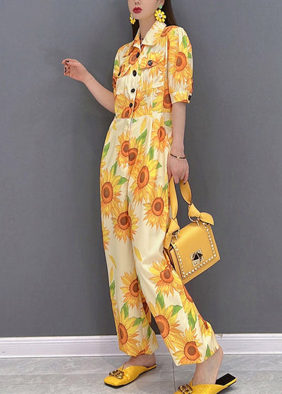 Slim Fit Yellow Peter Pan Collar Button Pockets Floral Print Overalls Jumpsuit Short Sleeve