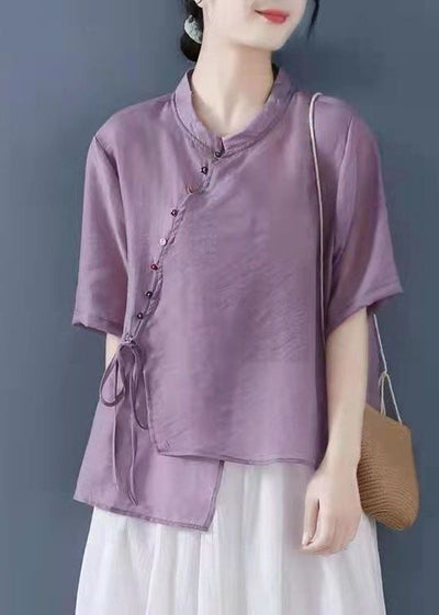 Solid Purple Patchwork Shirt Top Chinese Style Button Half Sleeve