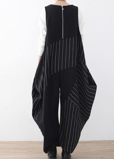 Spring  Summer Cotton Hemp Women Oversized Asymmetric Striped Jumpsuit