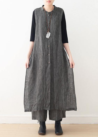 Spring cotton and linen art fresh gray striped two-piece suit cardigan wide leg pants