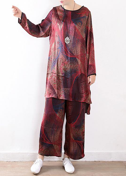 Spring loose plus size silk chiffon wide-leg pants red print two-piece suit