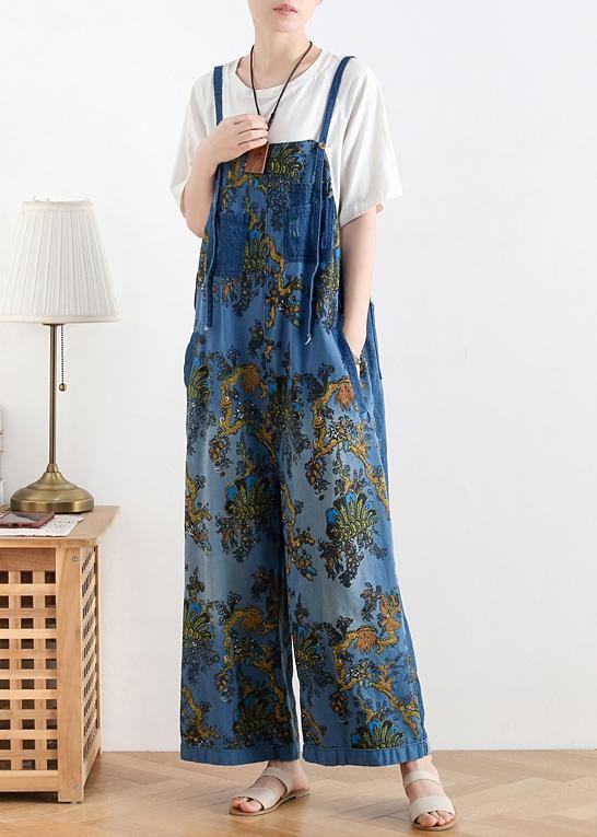 Spring original literary fashion retro ethnic style blue printed loose denim overalls