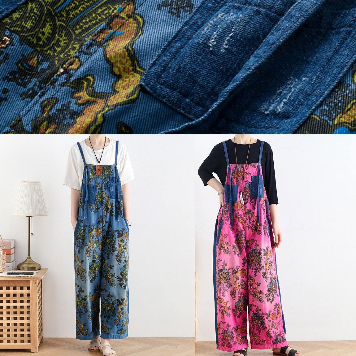Spring original literary fashion retro ethnic style blue printed loose denim overalls