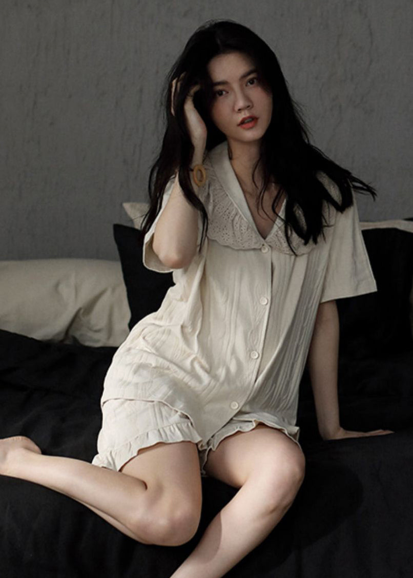 Style Apricot Peter Pan Collar Patchwork Hollow Out Cotton Pajamas Two Piece Set Summer