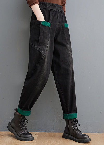 Style Black Pockets Patchwork denim Pants Spring