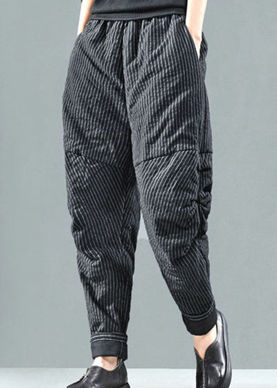 Style Black Striped Fine Cotton Filled Pants Winter