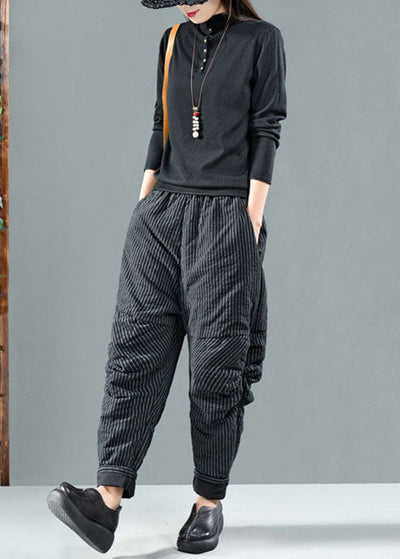 Style Black Striped Fine Cotton Filled Pants Winter