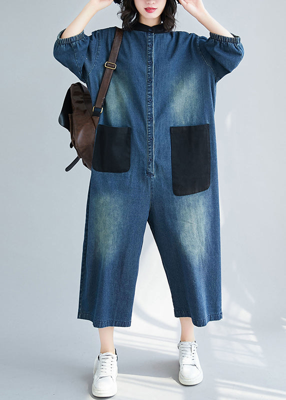 Style Blue Stand Collar Oversized Patchwork Pockets Denim Jumpsuits Summer