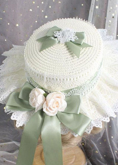 Style Light Green Lace Bow Floral Straw Woven Sun Hat