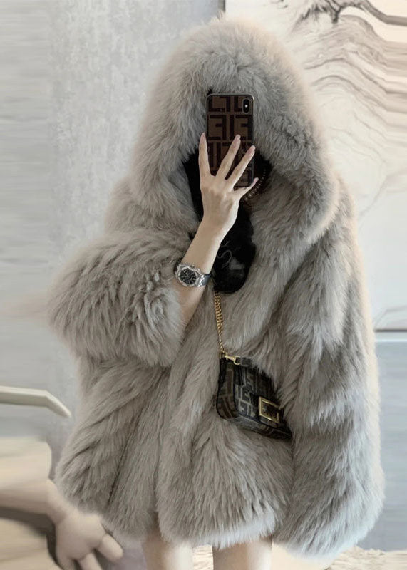Style Light Grey Hooded Patchwork Fuzzy Fur Fluffy Jacket Winter