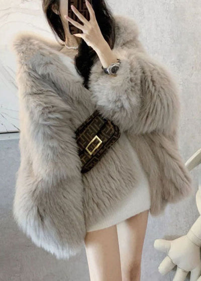 Style Light Grey Hooded Patchwork Fuzzy Fur Fluffy Jacket Winter