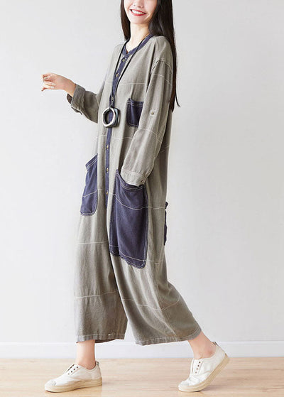 Style O-Neck Grey Pockets Patchwork Jumpsuits Spring