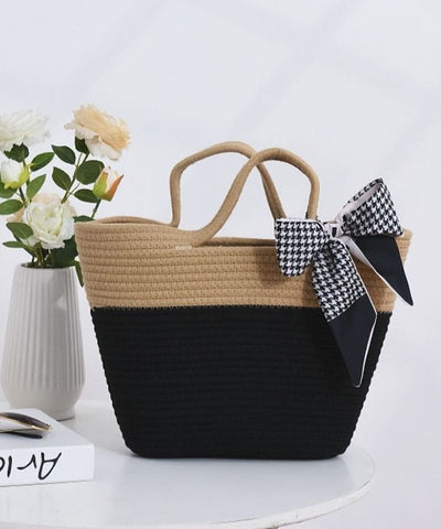 Stylish Black Patchwork Knit Fabric Cotton Beach Tote Handbag