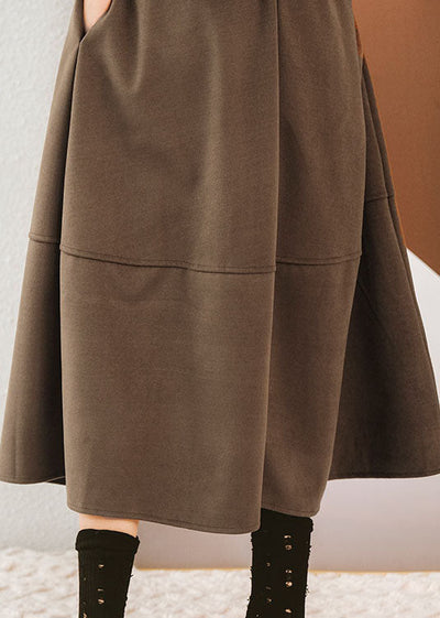 Stylish Brown Elastic Waist Pockets Woolen Skirts Winter