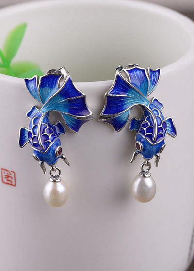 Stylish Cloisonne Goldfish Pearl Metal Stud Earrings