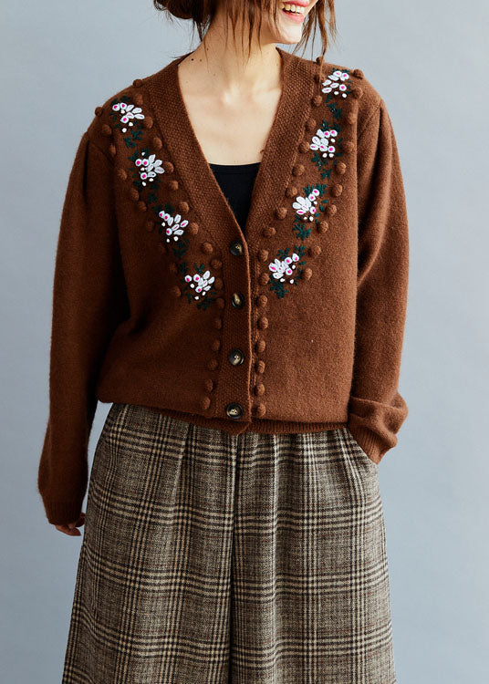 Stylish Chocolate Embroideried Wool Knit Loose Cardigans Winter