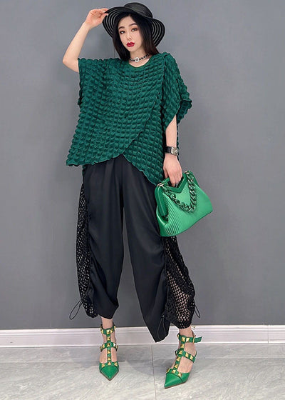 Stylish Green Asymmetrical Plaid Patchwork Tulle Hollow Out Silk Two Piece Suit Set Short Sleeve
