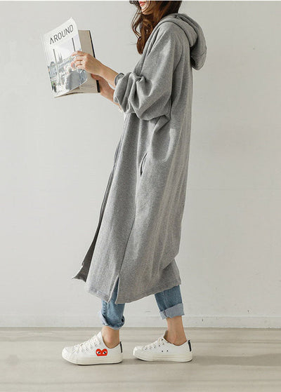 Stylish Grey Hooded Zippered Warm Fleece Outwear Spring