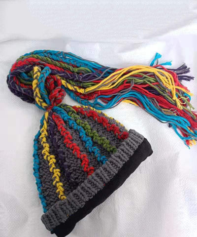 Stylish Grey Striped Tassel Warm Fleece Knit Bonnie Hat