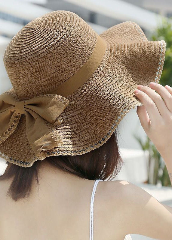 Stylish Khaki Bow Beach Straw Woven Floppy Sun Hat