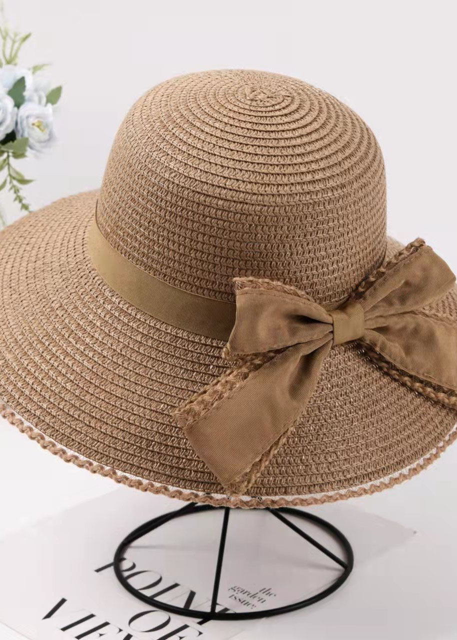 Stylish Khaki Bow Beach Straw Woven Floppy Sun Hat