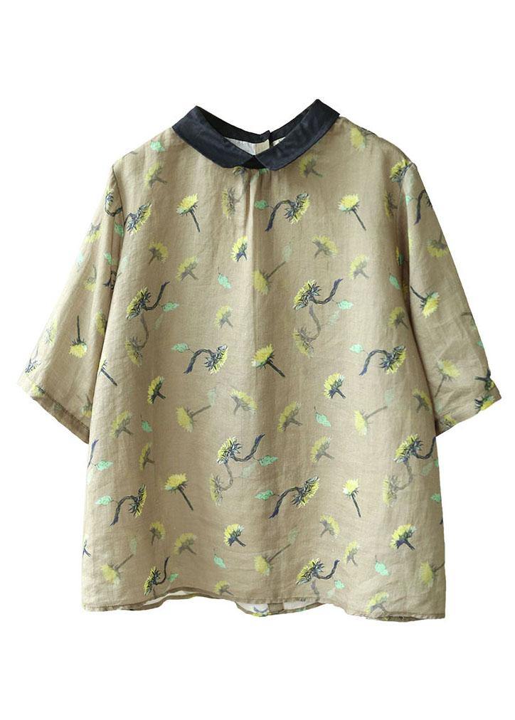 Stylish Khaki Patchwork Pullover Summer Linen Shirt Top Short Sleeve