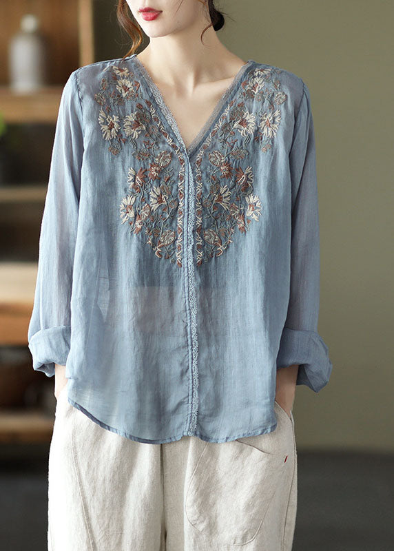 Stylish Lake Blue Embroideried Linen Blouse Tops Long Sleeve