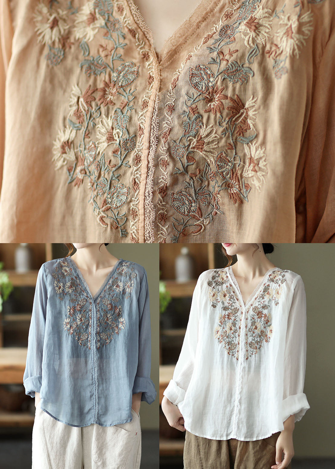 Stylish Lake Blue Embroideried Linen Blouse Tops Long Sleeve