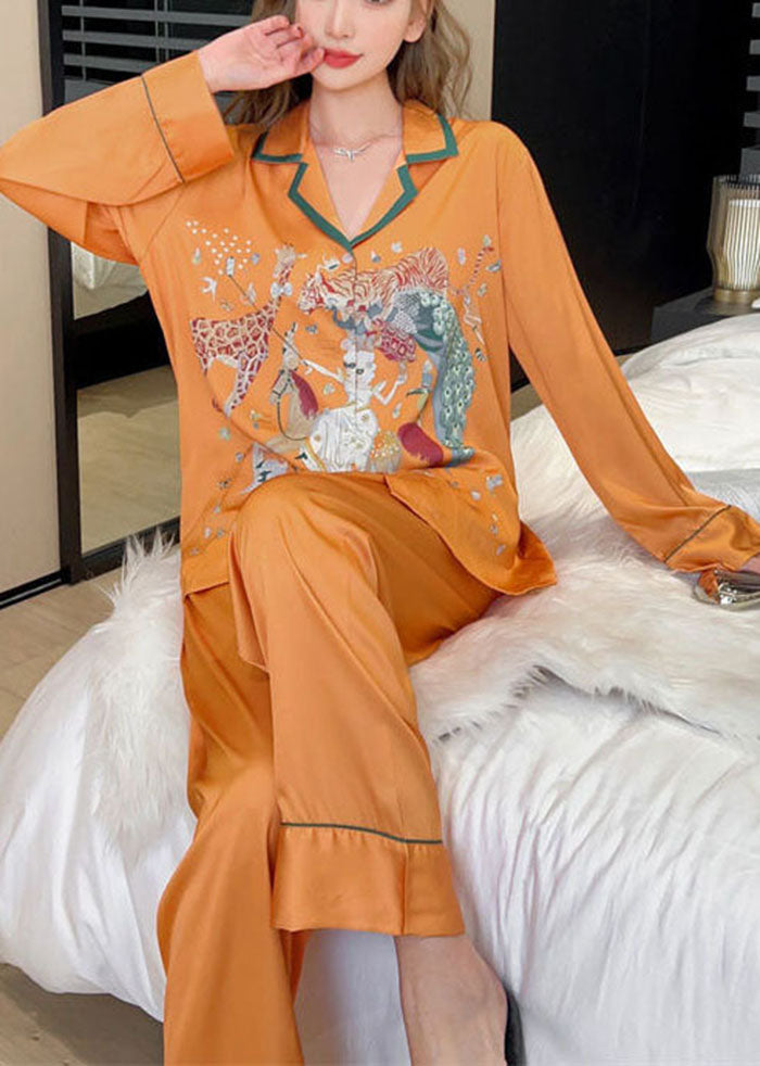 Stylish Orange Peter Pan Collar Print Ice Silk Pajamas Two Piece Suit Set Spring