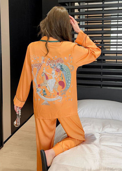 Stylish Orange Peter Pan Collar Print Ice Silk Pajamas Two Piece Suit Set Spring