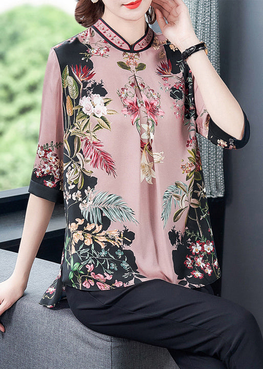 Stylish Pink Stand Collar Print Side Open Silk Shirt Tops Half Sleeve