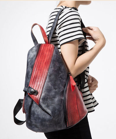 Stylish Red Black Patchwork Calf Leather Backpack Bag