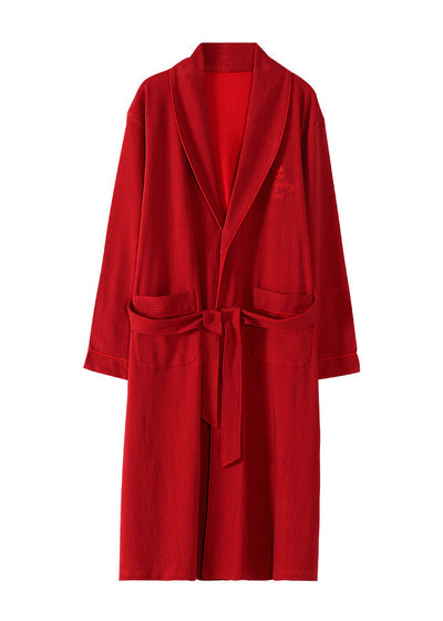 Stylish Red Embroideried Floral Tie Waist Cotton Long Robe Spring